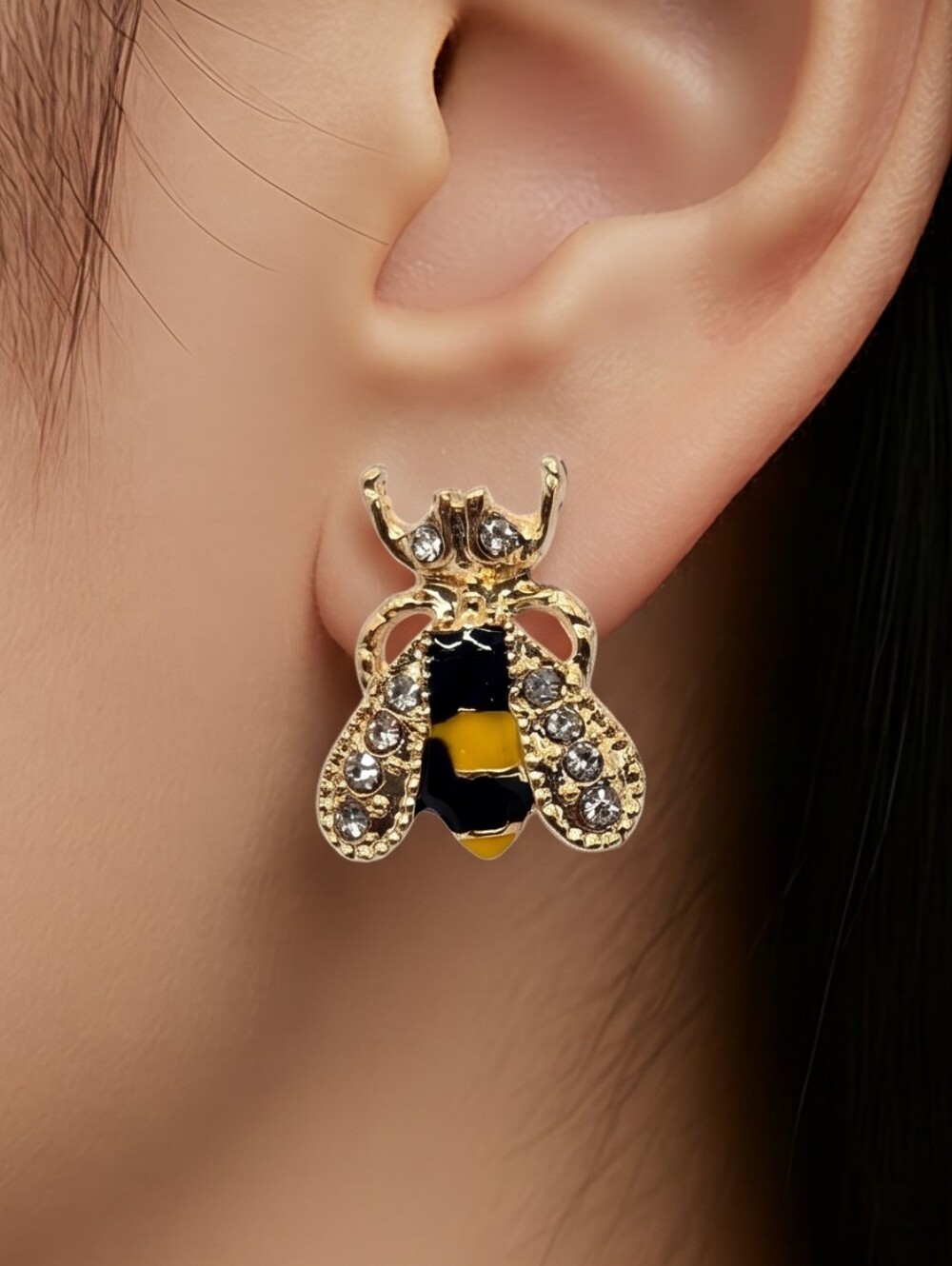 Gold Bumble Bee Stud Earrings Crystal CZ Honeybee Enamel Nature Statement Whimsy